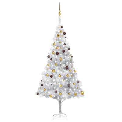 vidaXL Umělý vánoční stromek s LED a sadou koulí stříbrný 240 cm PET