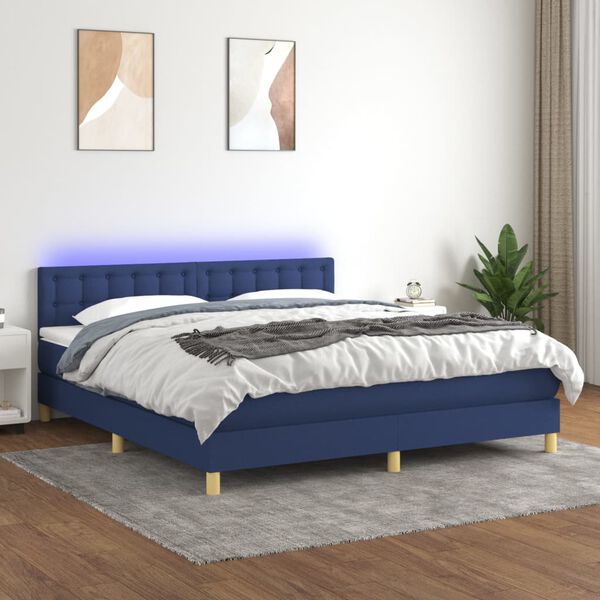 vidaXL Box spring postel s matrac&iacute; a LED modr&aacute; 180x200 cm textil