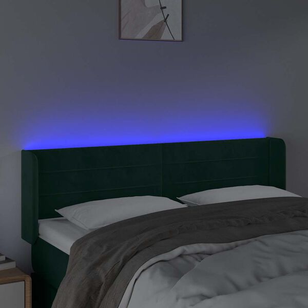 vidaXL Čelo postele s LED tmavě zelen&eacute; 147 x 16 x 78/88 cm samet