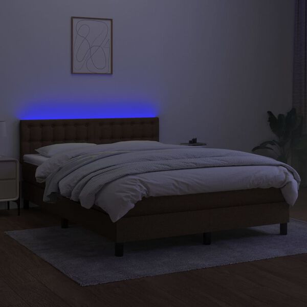 vidaXL Box spring postel s matrac&iacute; a LED tmavě hněd&aacute; 140x190 cm textil