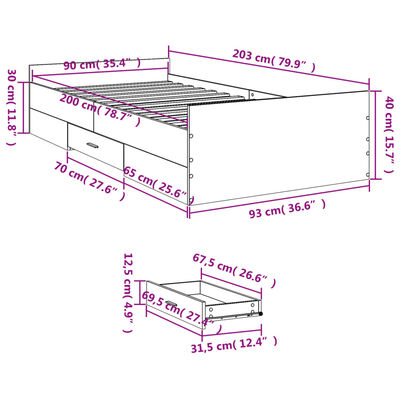 vidaXL Rám postele se zásuvkami černý 90 x 200 cm kompozitní dřevo