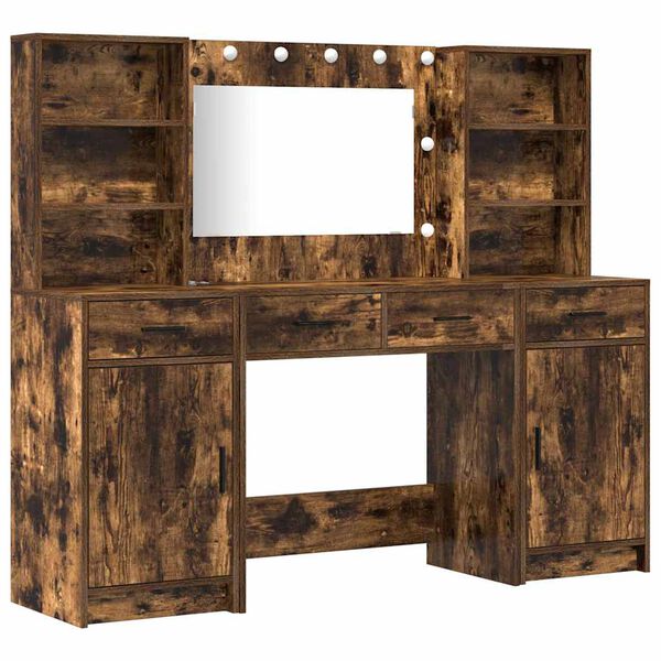 vidaXL Sada toaletn&iacute;ho stolku s LED 3 pcs Kouřov&yacute; dub kompozitn&iacute; dřevo