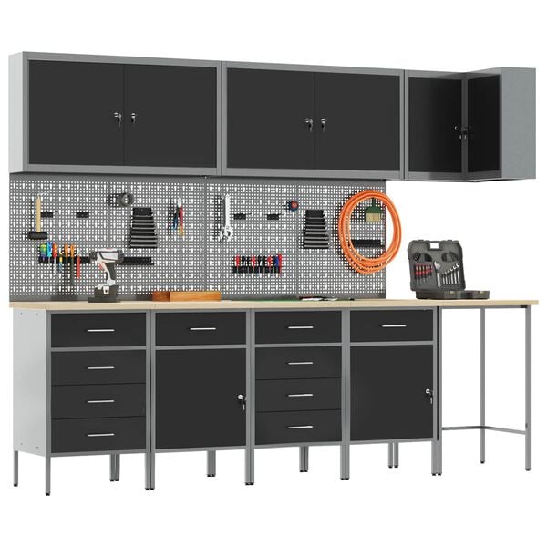 vidaXL Sada pracovn&iacute; skř&iacute;ně se z&aacute;suvkou s polic&iacute; 12 pcs Čern&aacute; a &scaron;ed&aacute;