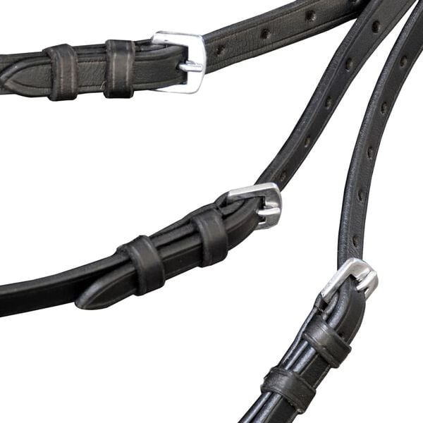 Kožen&aacute; uzda s otěžemi a udidlem čern&aacute; cob