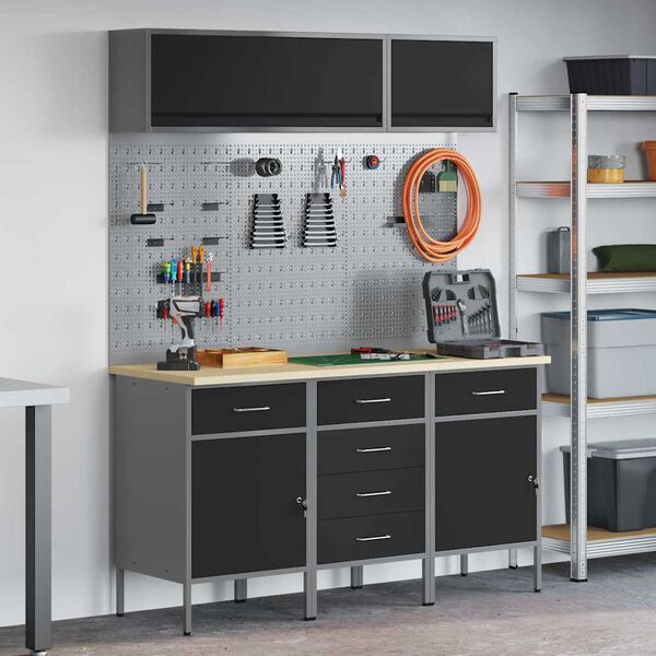 vidaXL Sada pracovn&iacute; skř&iacute;ně se z&aacute;suvkou s &uacute;loži&scaron;těm 8 pcs Čern&aacute;