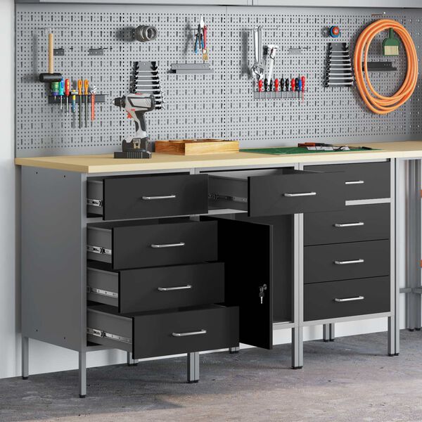 vidaXL Pracovní skříň se zásuvkou 3 pcs Černá a šedá 150 x 55 x 85 cm