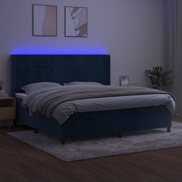 vidaXL Box spring postel s matrac&iacute; a LED tmavě modr&aacute; 200x200 cm samet