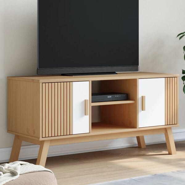 vidaXL TV skř&iacute;ňka OLDEN b&iacute;l&aacute; a hněd&aacute; 114x43x57 cm masivn&iacute; borov&eacute; dřevo
