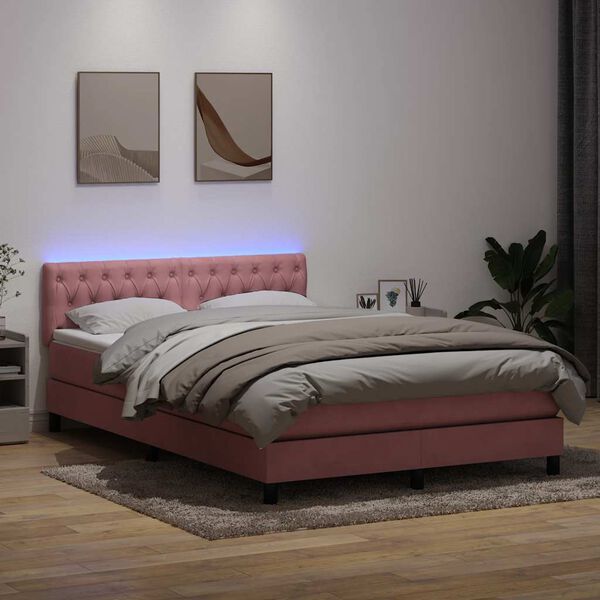 vidaXL Box spring postel s matrac&iacute; a LED růžov&aacute; 160x210 cm samet