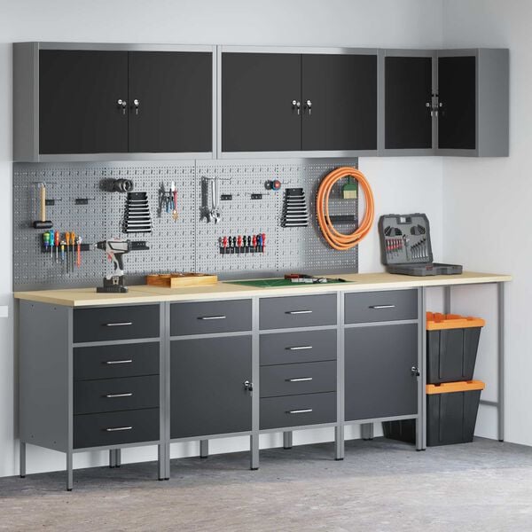 vidaXL Sada pracovn&iacute; skř&iacute;ně se z&aacute;suvkou s polic&iacute; 12 pcs Čern&aacute; a &scaron;ed&aacute;