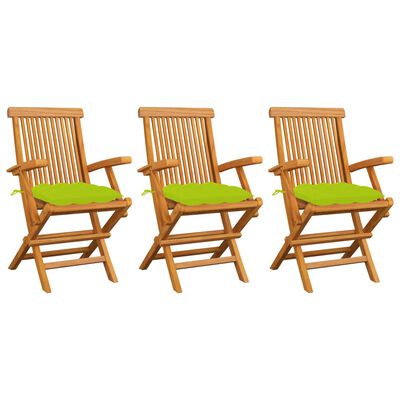 vidaXL Zahradní židle s jasně zelenými poduškami 3 ks masivní teak
