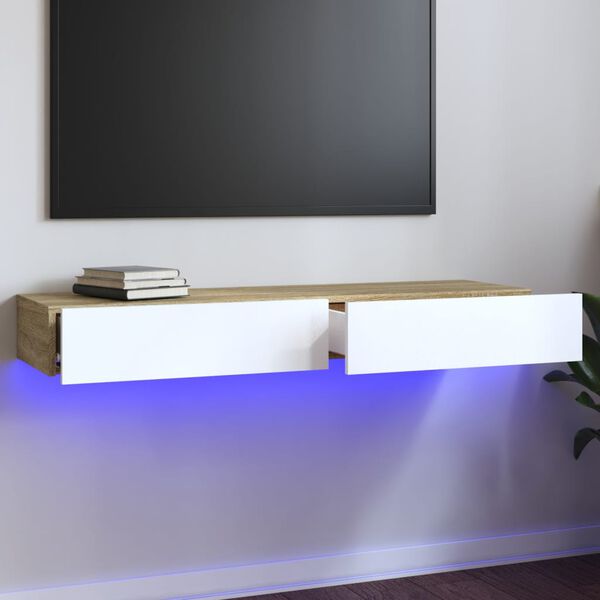 vidaXL TV skř&iacute;ňka s LED osvětlen&iacute;m b&iacute;l&aacute; a dub sonoma 120x35x15,5 cm