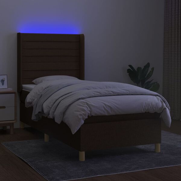 vidaXL Box spring postel s matrac&iacute; a LED tmavě hněd&aacute; 90x190 cm textil