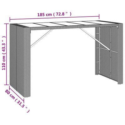 vidaXL Barový stůl se skleněnou deskou hnědý 185x80x110 cm polyratan