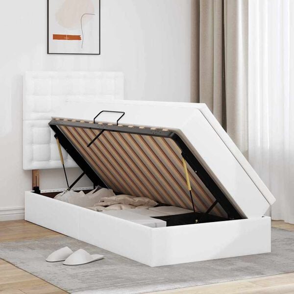 vidaXL Postel s &uacute;ložn&yacute;m prostorem &Uacute;plně b&iacute;l&aacute; 100 x 200 cm Uměl&aacute; kůže