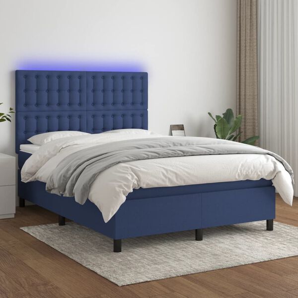 vidaXL Box spring postel s matrac&iacute; a LED modr&aacute; 140x200 cm textil