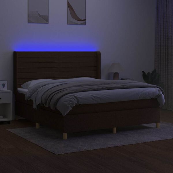 vidaXL Box spring postel s matrac&iacute; a LED tmavě hněd&aacute; 180x200 cm textil