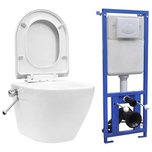 vidaXL Z&aacute;věsn&eacute; WC bezobrubov&eacute; s podom&iacute;tkovou n&aacute;držkou keramika b&iacute;l&eacute;