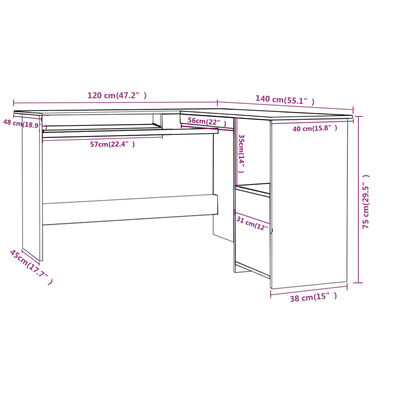 vidaXL Rohový psací stůl bílý vysoký lesk 120x140x75 cm dřevotříska