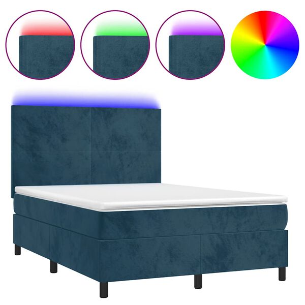 vidaXL Box spring postel s matrac&iacute; a LED tmavě modr&aacute; 140x200 cm samet