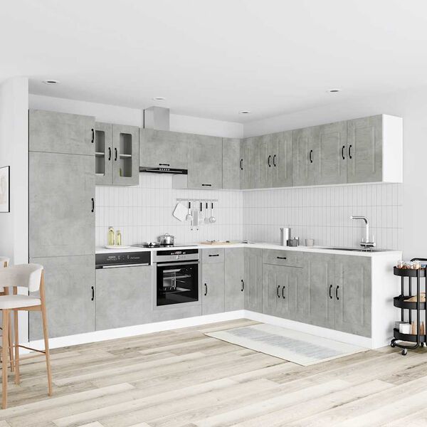 vidaXL 14d&iacute;ln&aacute; sada kuchyňsk&yacute;ch skř&iacute;něk Kalmar betonově &scaron;ed&aacute; kompozit