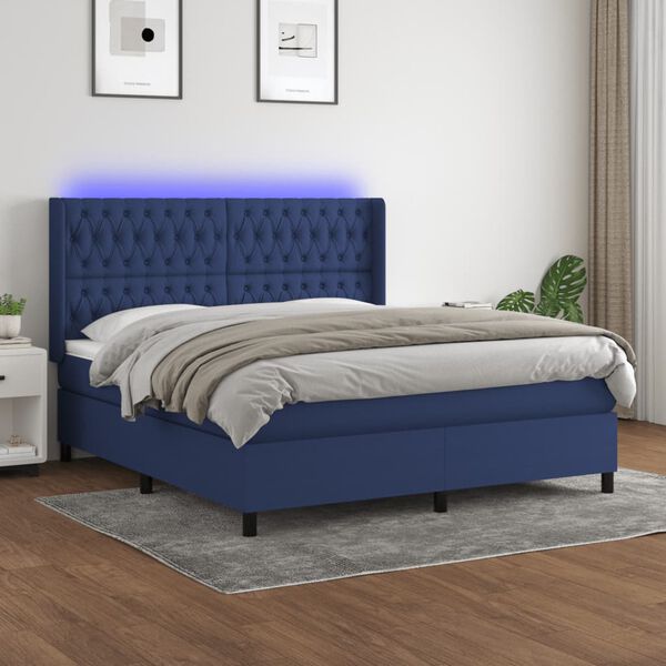 vidaXL Box spring postel s matrac&iacute; a LED modr&aacute; 180x200 cm textil