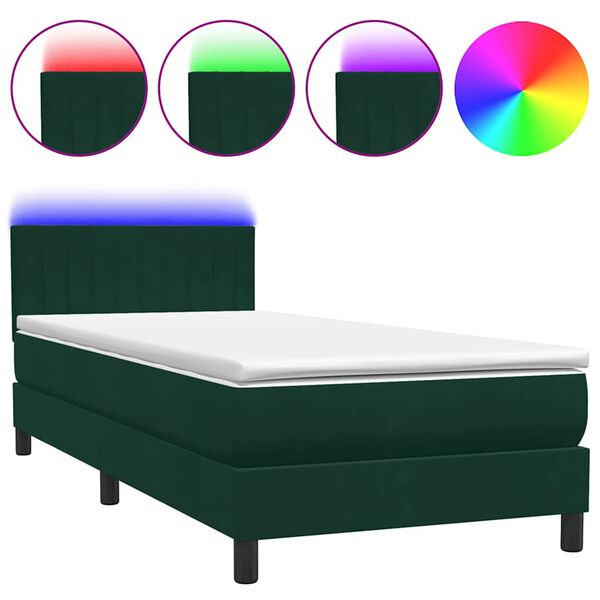 vidaXL Box spring postel s matrac&iacute; a LED tmavě zelen&aacute; 90x210 cm samet