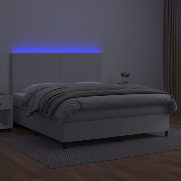 vidaXL Box spring postel s matrac&iacute; a LED b&iacute;l&aacute; 180x200 cm uměl&aacute; kůže