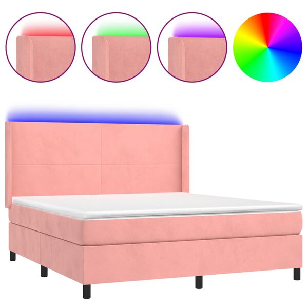 vidaXL Box spring postel s matrac&iacute; a LED růžov&aacute; 180x200 cm samet