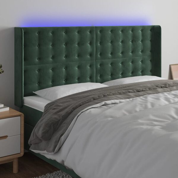 vidaXL Čelo postele s LED tmavě zelen&eacute; 183 x 16 x 118/128 cm samet