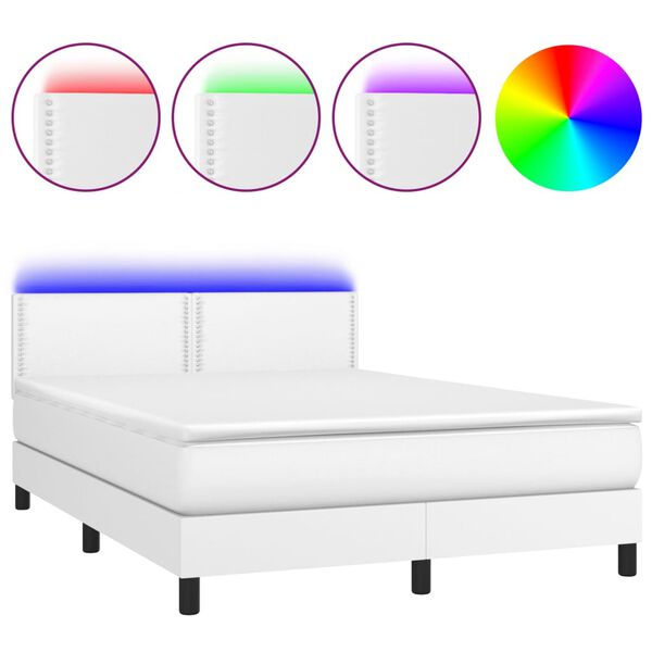 vidaXL Box spring postel s matrac&iacute; a LED b&iacute;l&aacute; 140x190 cm uměl&aacute; kůže