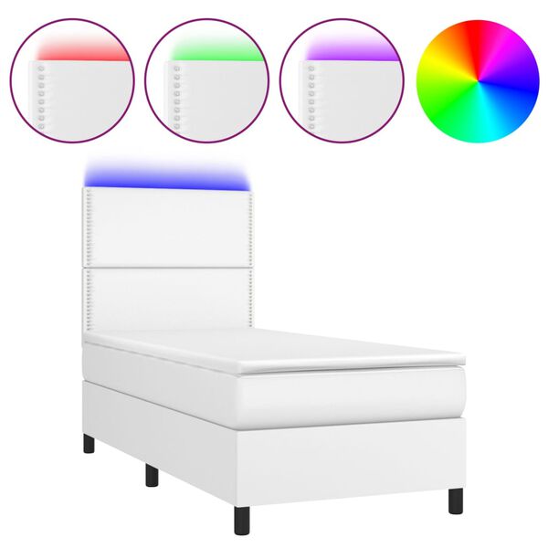 vidaXL Box spring postel s matrac&iacute; a LED b&iacute;l&aacute; 90x190 cm uměl&aacute; kůže