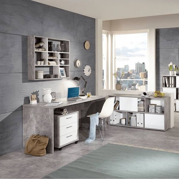 FMD N&aacute;stěnn&aacute; police s 9 přihr&aacute;dkami betonově &scaron;ed&aacute;