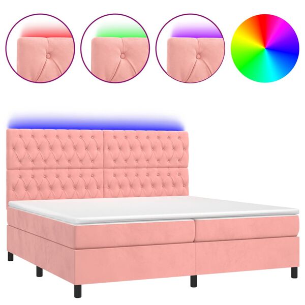 vidaXL Box spring postel s matrac&iacute; a LED růžov&aacute; 200x200 cm samet