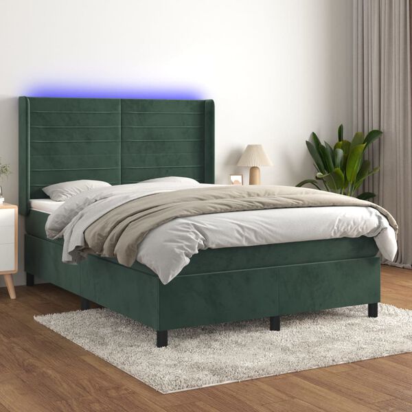 vidaXL Box spring postel s matrac&iacute; a LED tmavě zelen&aacute; 140x190 cm samet