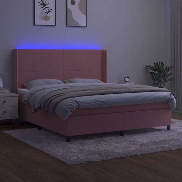 vidaXL Box spring postel s matrac&iacute; a LED růžov&aacute; 180x200 cm samet