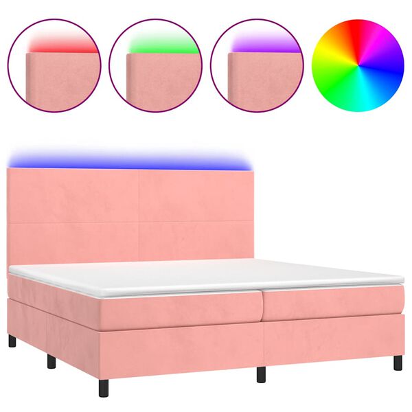 vidaXL Box spring postel s matrac&iacute; a LED růžov&aacute; 200x200 cm samet