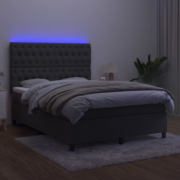 vidaXL Box spring postel s matrac&iacute; a LED tmavě &scaron;ed&aacute; 140x200 cm samet