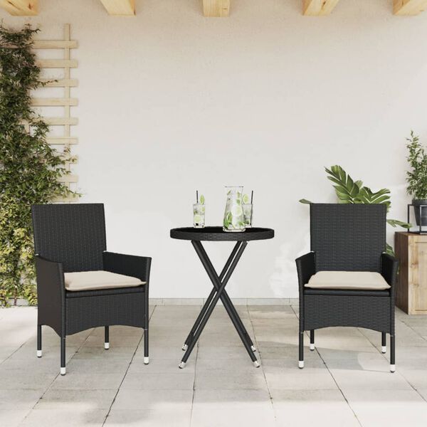 vidaXL 3dílný bistro set s poduškami černý polyratan a sklo