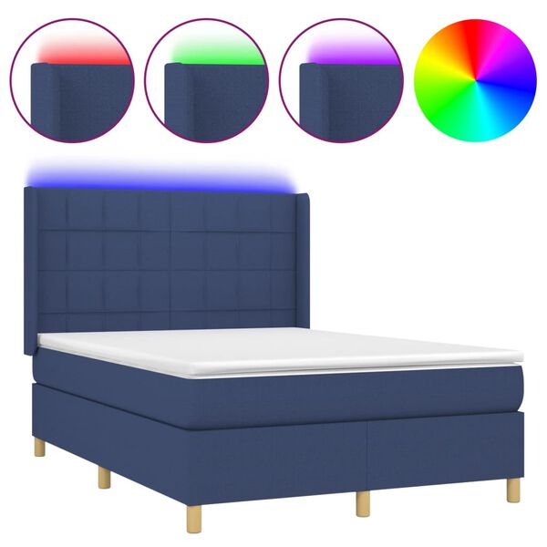 vidaXL Box spring postel s matrac&iacute; a LED modr&aacute; 140x190 cm textil