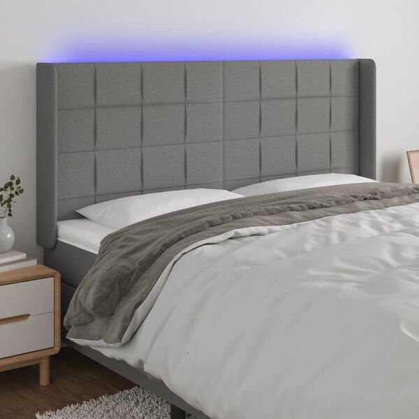 vidaXL Čelo postele s LED tmavě &scaron;ed&eacute; 203 x 16 x 118/128 cm textil