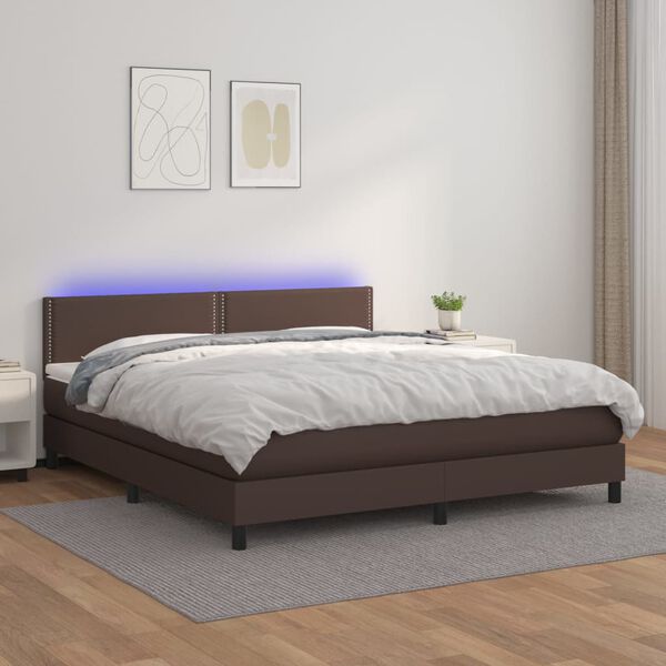 vidaXL Box spring postel s matrac&iacute; a LED hněd&aacute; 180x200 cm uměl&aacute; kůže