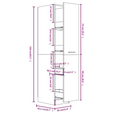 vidaXL Výsuvná skříňka s přihrádkami kouřový dub 30 x 42,5 x 150 cm
