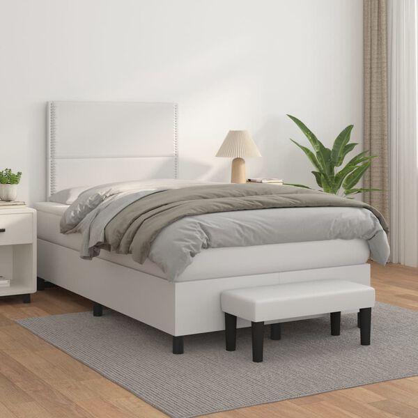 vidaXL Box spring postel s matrac&iacute; b&iacute;l&aacute; 120x200 cm uměl&aacute; kůže