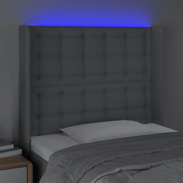 vidaXL Čelo postele s LED světle &scaron;ed&eacute; 93x16x118/128 cm textil