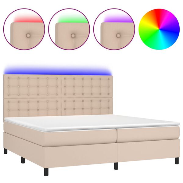 vidaXL Box spring postel matrace a LED cappuccino 200x200cm uměl&aacute; kůže