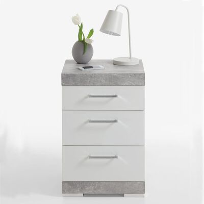 FMD Noční stolek se 3 zásuvkami betonově šedý a leskle bílý