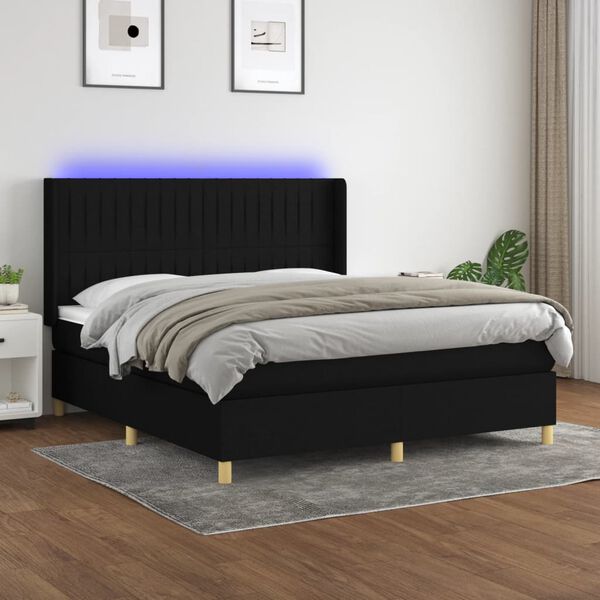 vidaXL Box spring postel s matrac&iacute; a LED čern&aacute; 180x200 cm textil