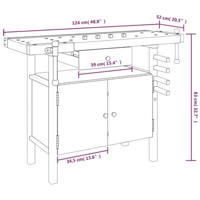 vidaXL Pracovní stůl se zásuvkou a svěráky 124x52x83 cm masivní akácie