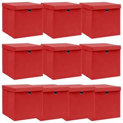 vidaXL Úložné boxy s víky 10 ks červené 32 x 32 x 32 cm textil